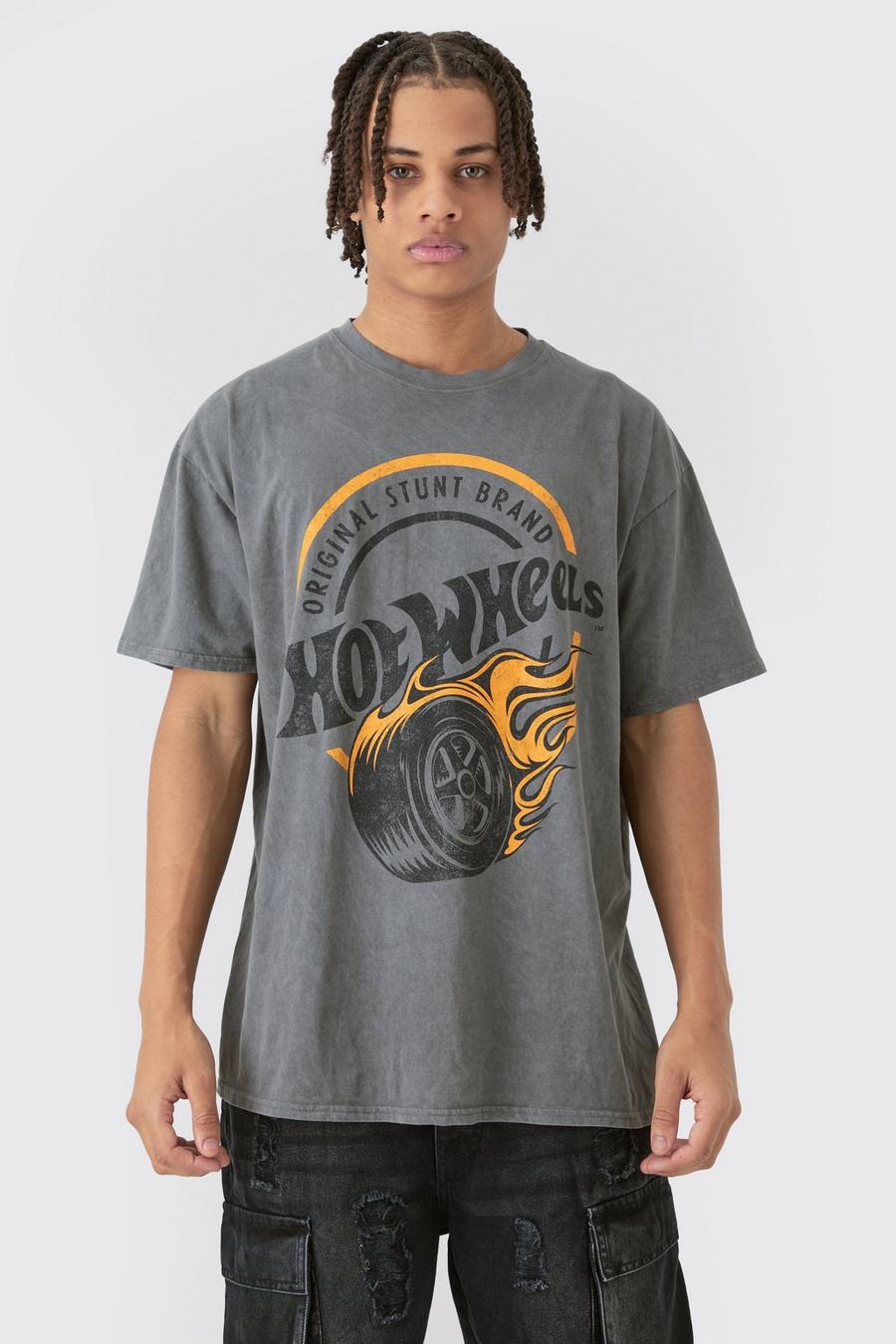 Camiseta oversize con lavado a la piedra y estampado de Hot Wheels, Charcoal image number 1