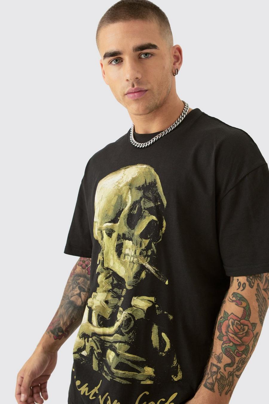 Oversize T-Shirt mit lizenziertem Van Gogh Totenkopf-Print, Black image number 1