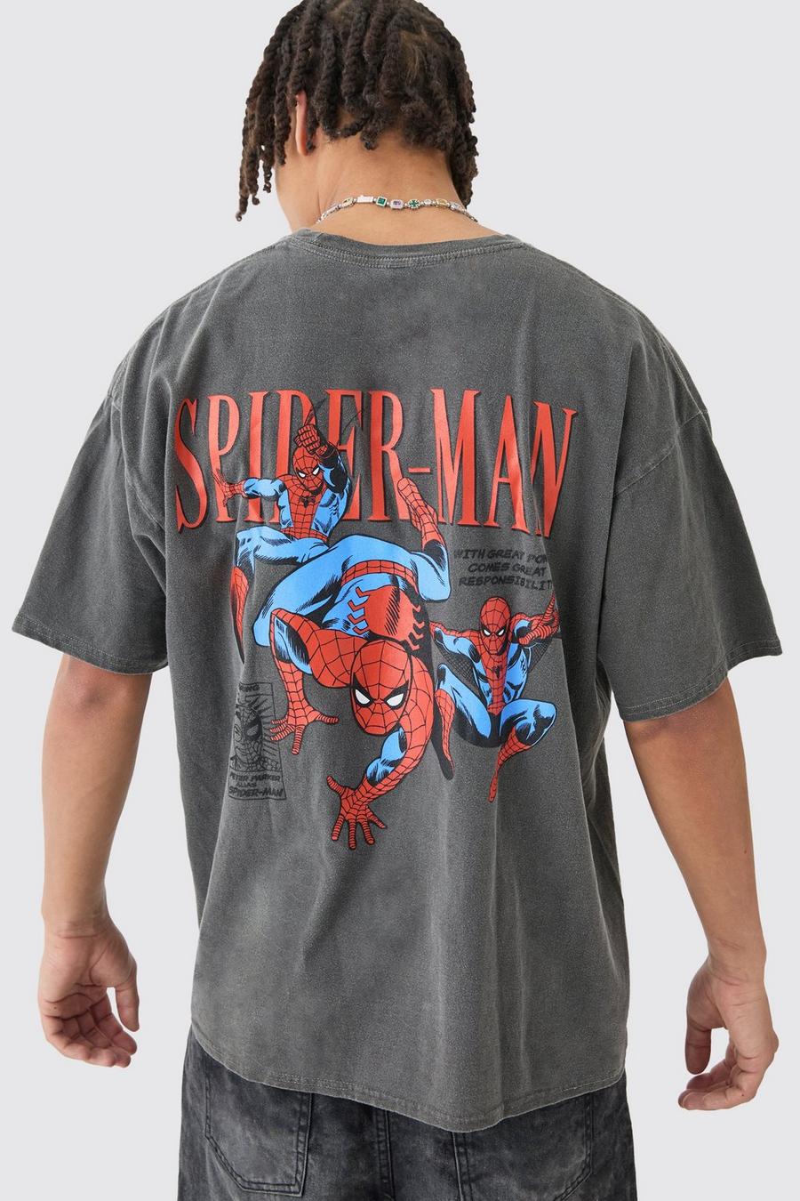 Charcoal Oversized Marvel Spiderman Wash Back Print License T-shirt image number 1