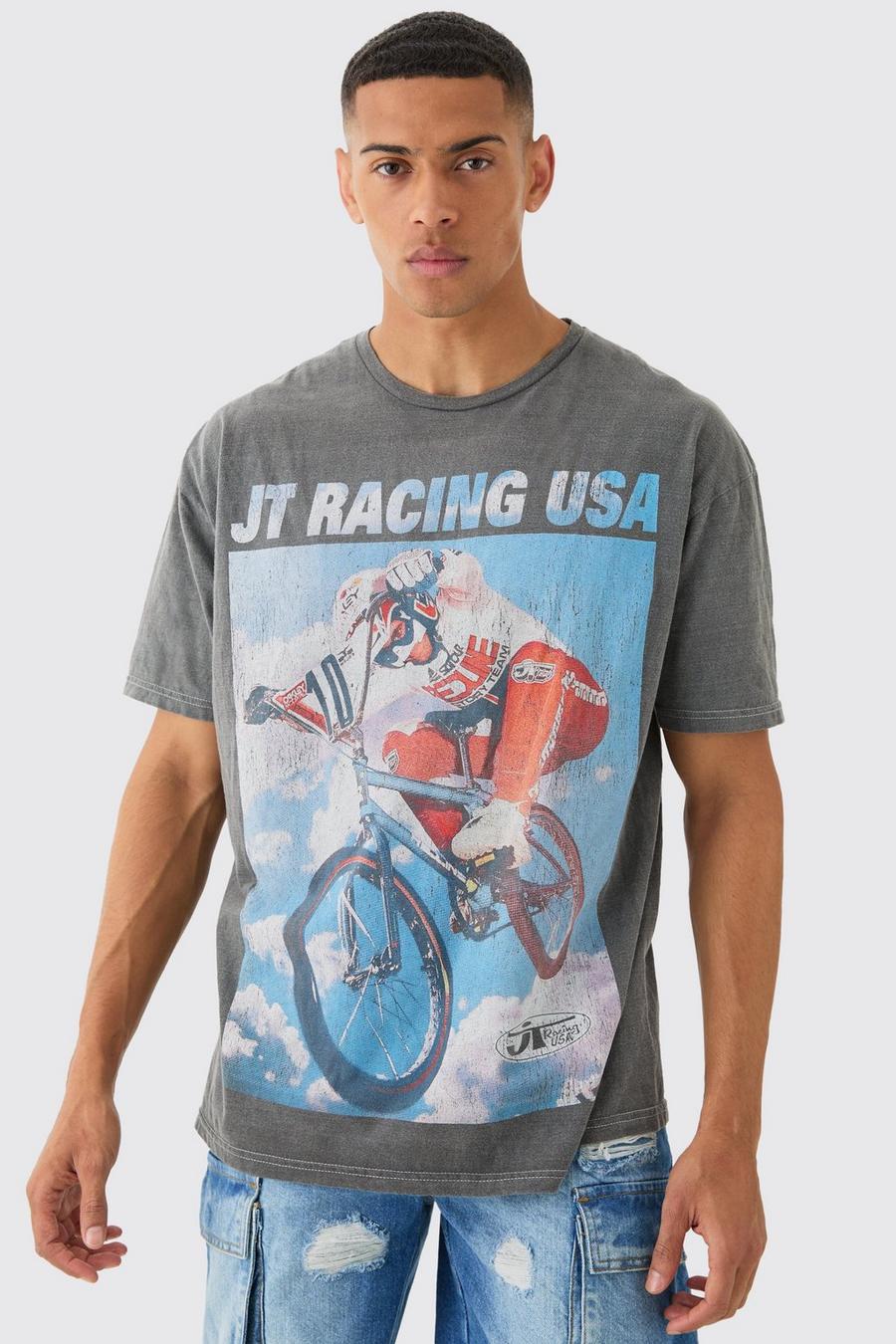 Camiseta oversize con lavado a la piedra y estampado JT Racing, Charcoal image number 1