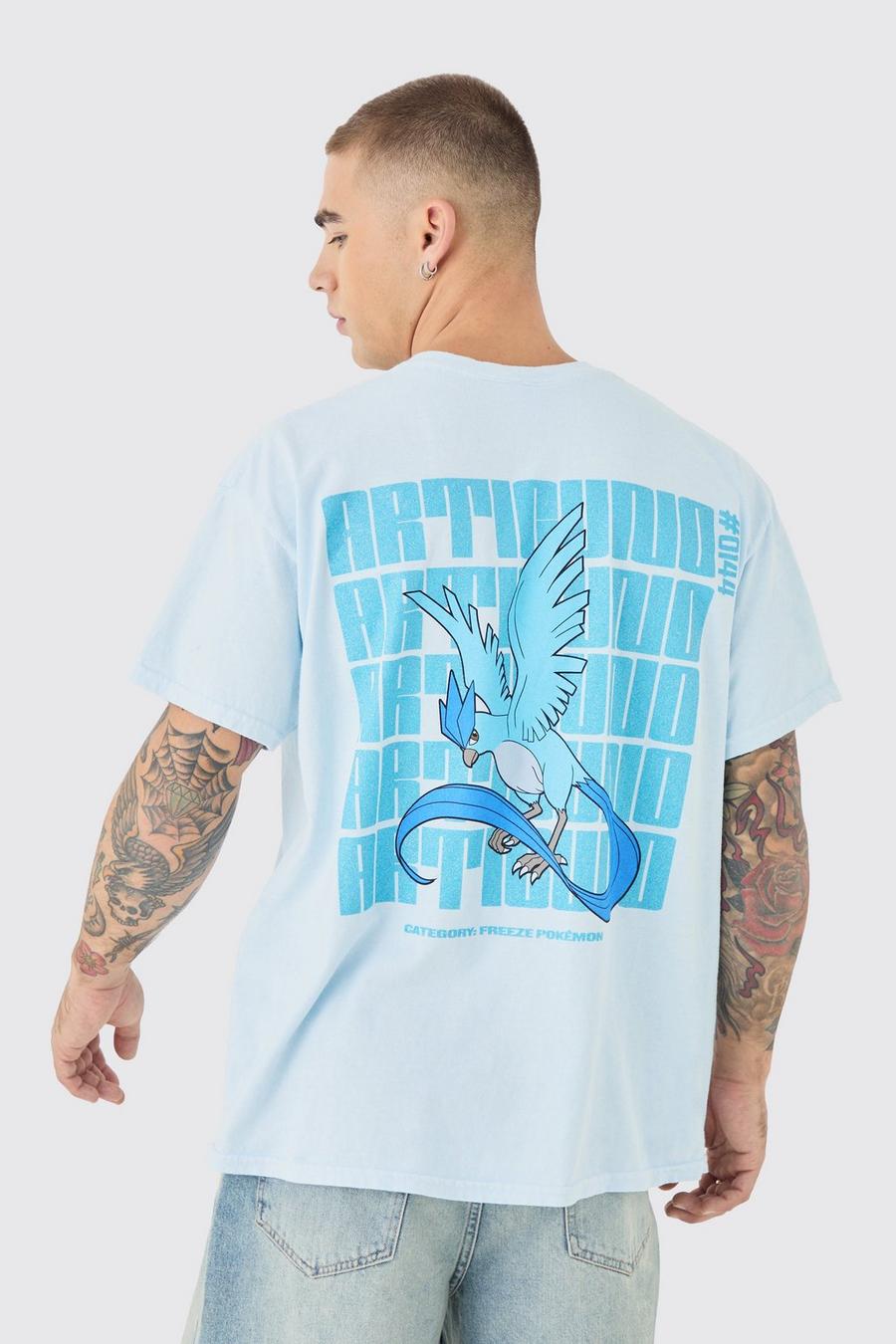 Light blue Oversized Gelicenseerd Gebleekt Pokemon Articuno T-Shirt image number 1