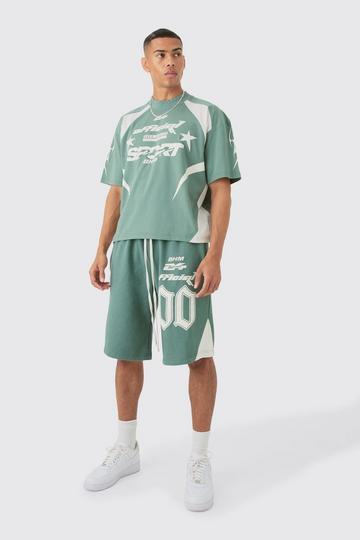 Green Oversized Boxy Moto Puff Graphic T-Shirt & Short Set