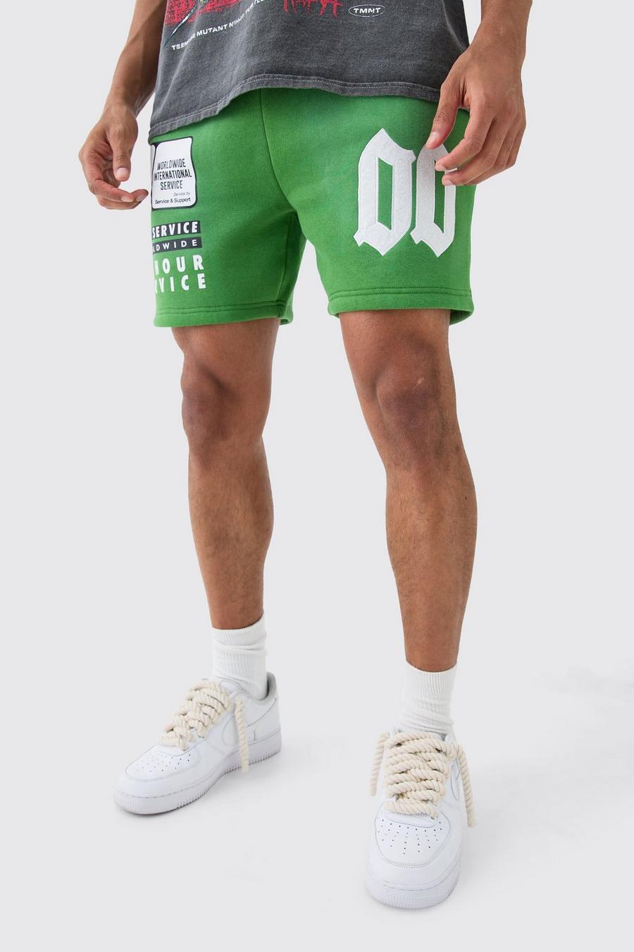 Green Regular Fit Washed Applique Moto Printed Shorts