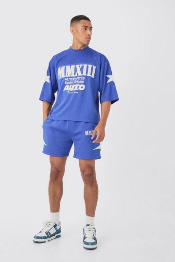 Oversized Boxy Half Sleeve Applique Moto T-shirt & Short Set blue