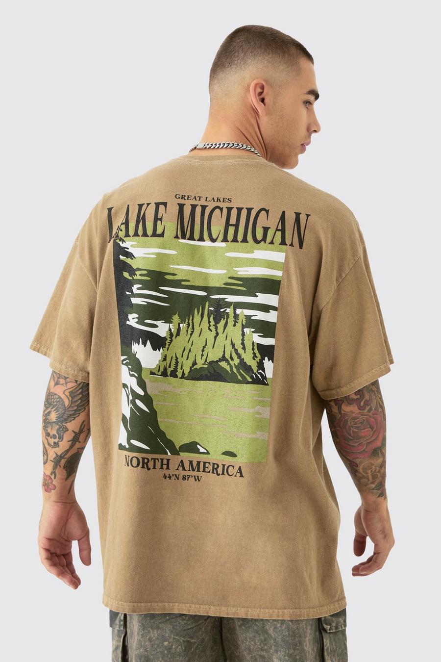 Camiseta oversize con estampado desteñido de lago Michigan en la espalda, Light khaki
