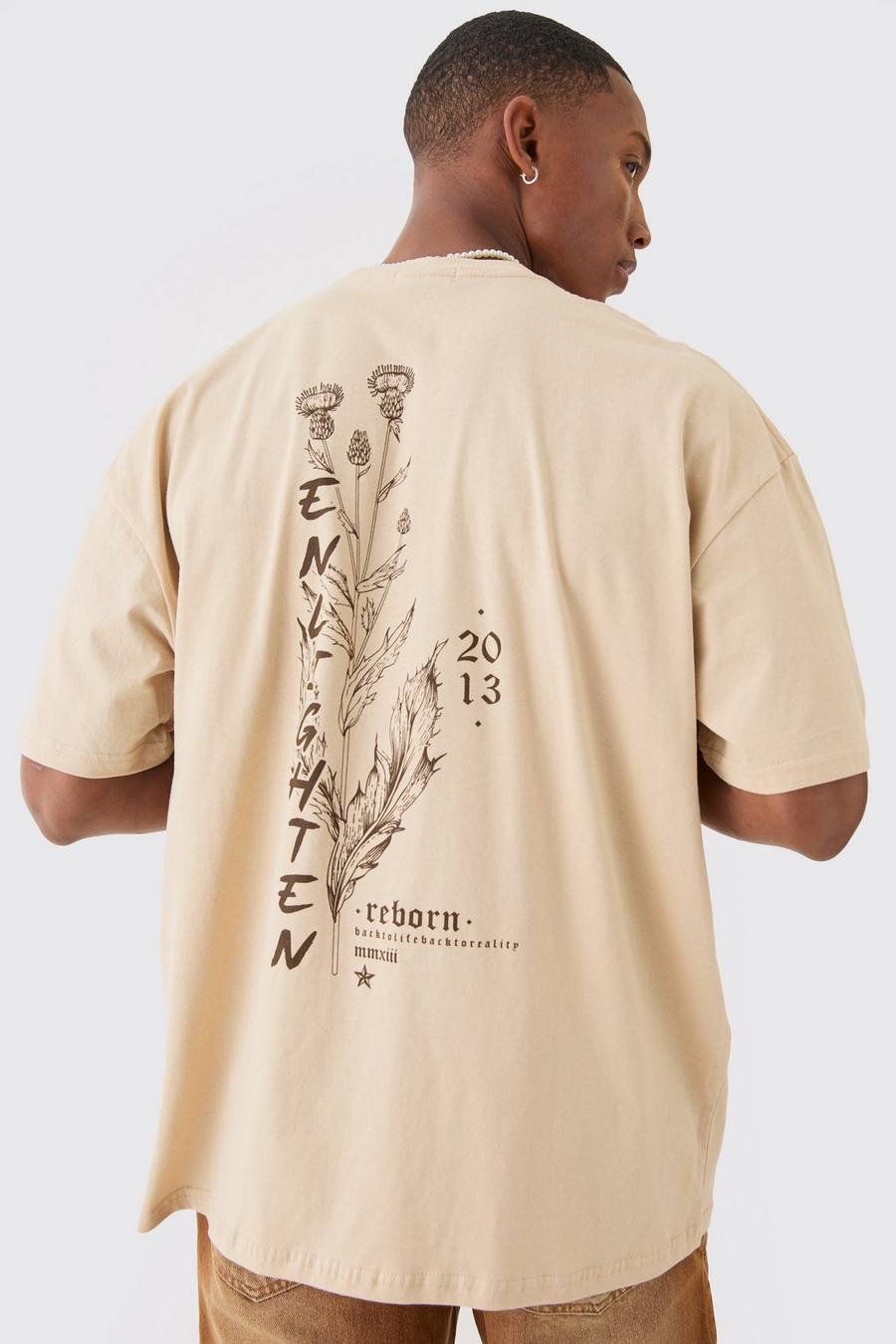 T-shirt squadrata oversize con stampa Enlighten e girocollo esteso, Sand