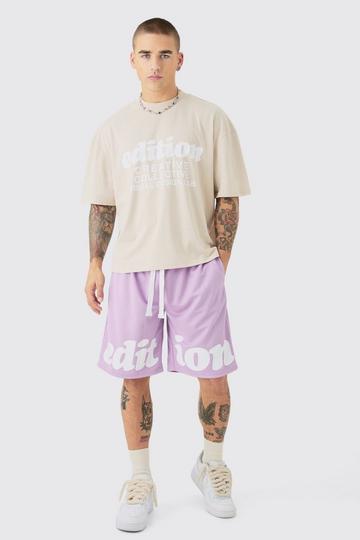 Oversized Boxy Extended Neck Mesh T-shirt & Short Set lilac