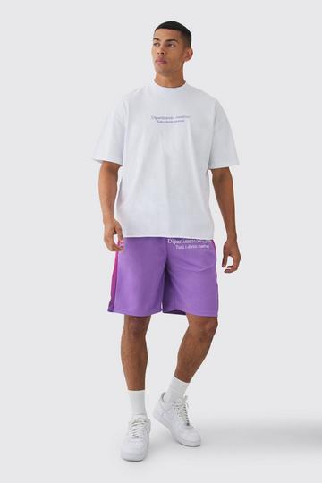 Oversized Extended Neck Raw Hem Script T-shirt & Mesh Short Set purple