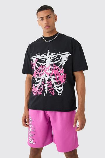 Pink Oversized Extended Neck Raw Hem Skeleton T-shirt And Mesh Shorts Set