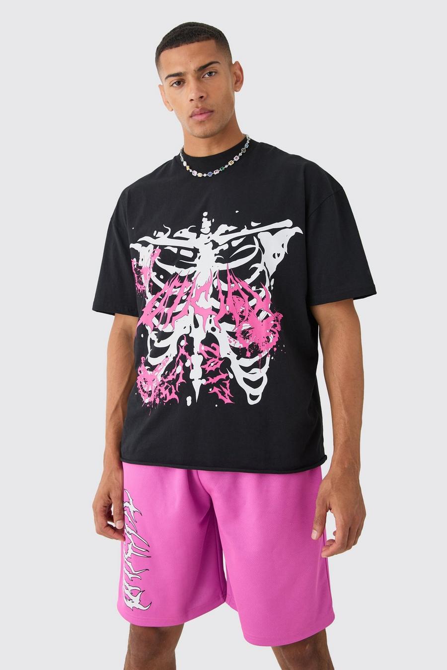 Pink Oversized Extended Neck Raw Hem Skeleton T-shirt And Mesh Shorts Set image number 1
