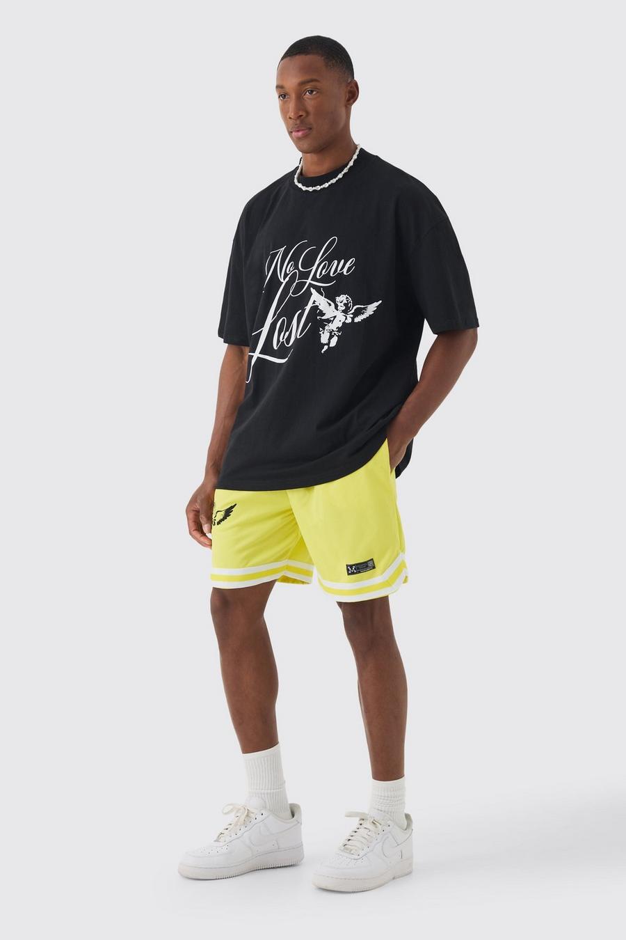 Yellow Oversized Extended Neck No Love T-shirt & Mesh Short Set image number 1