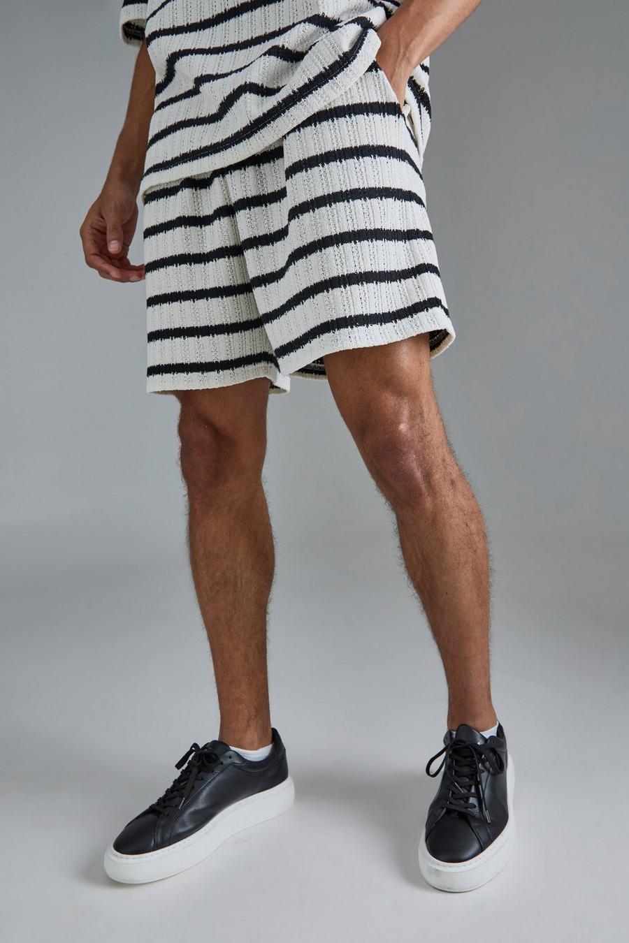 Black Boxy Textured Stripe Shorts