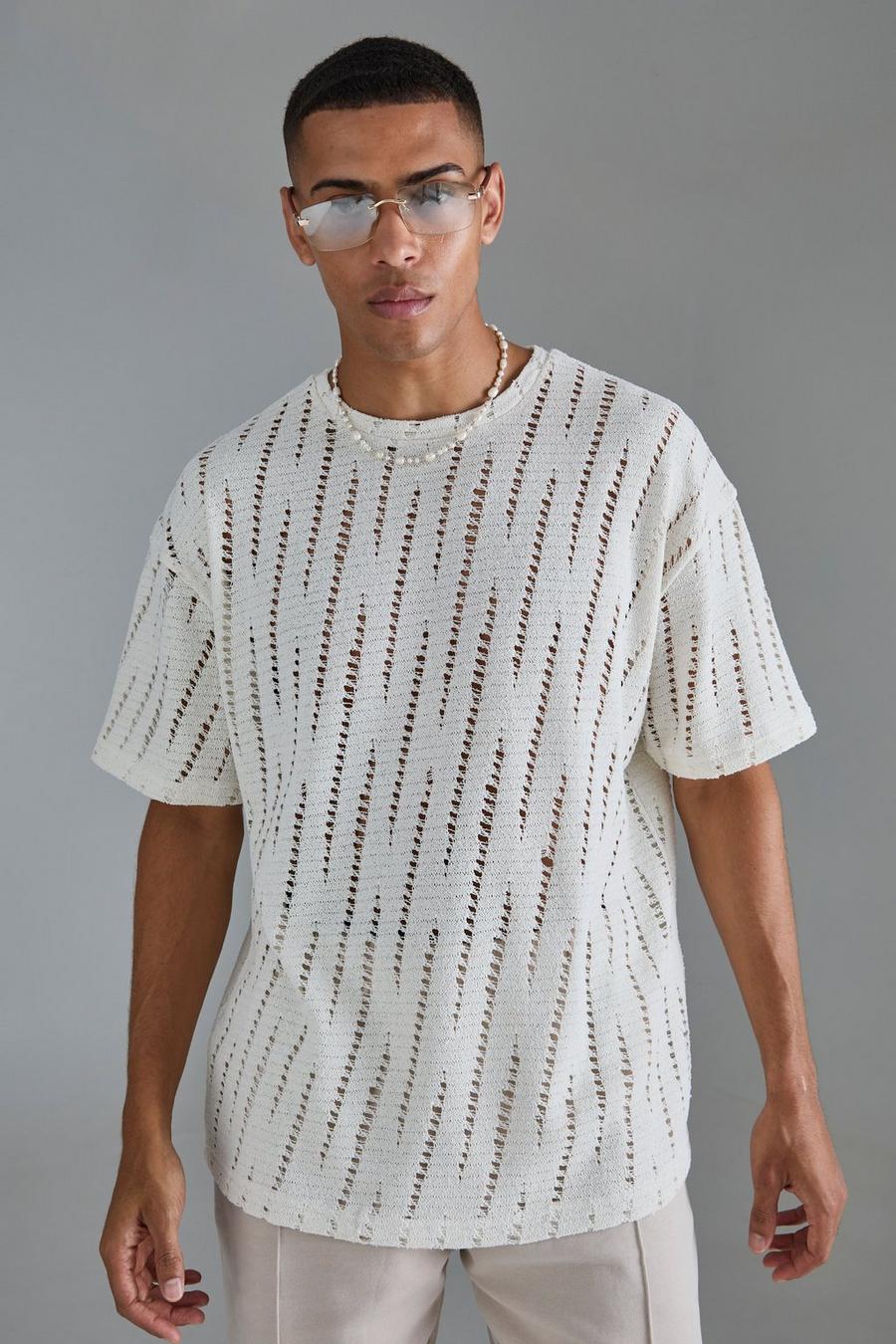Ecru Oversized Extreme Distressed Textured T-shirt