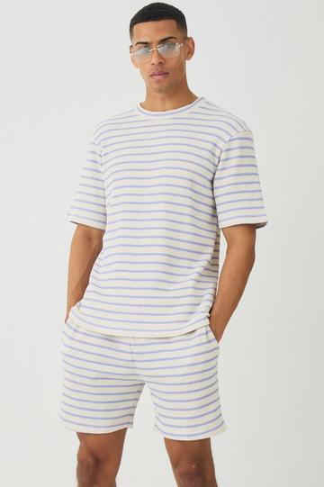 Blue Regular Fit Waffle Stripe T-shirt & Shorts Set