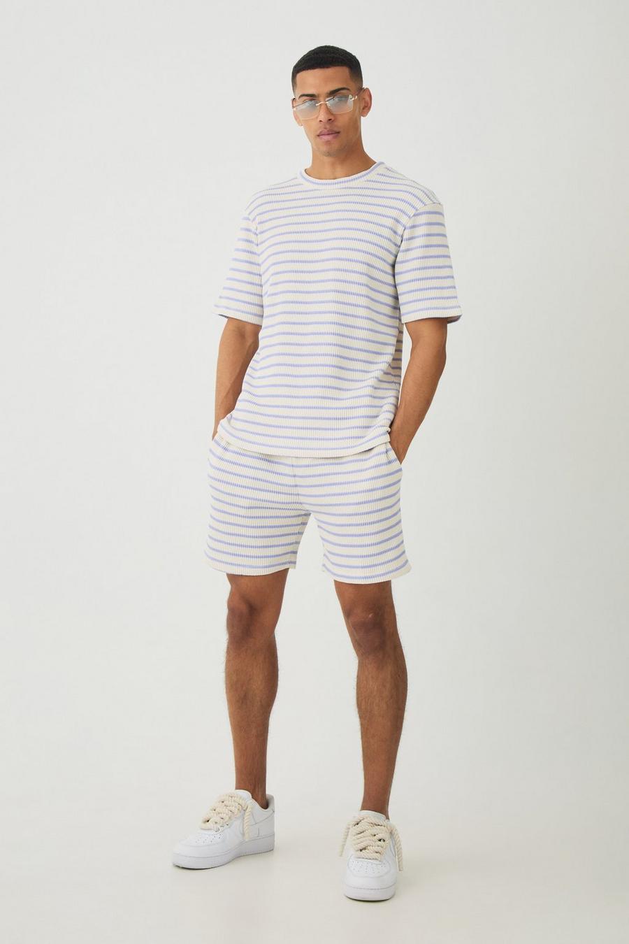 Cornflower blue Core Fit Waffle Stripe T-shirt & Shorts Set