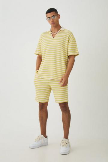 Green Deep V Revere Textured Stripe Polo Shirt & Shorts Set