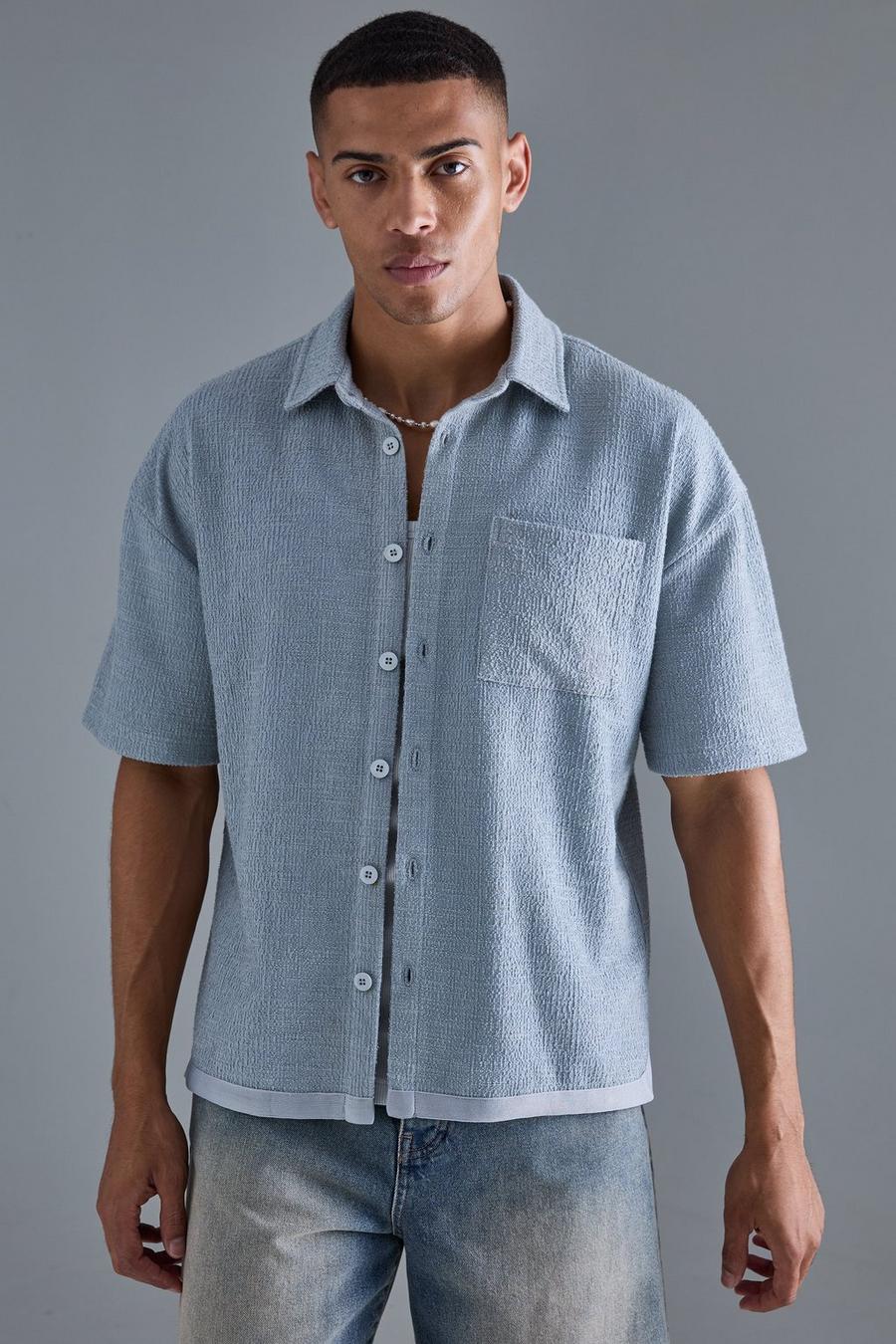 Grey Oversized Textured Embroidered Shirt image number 1