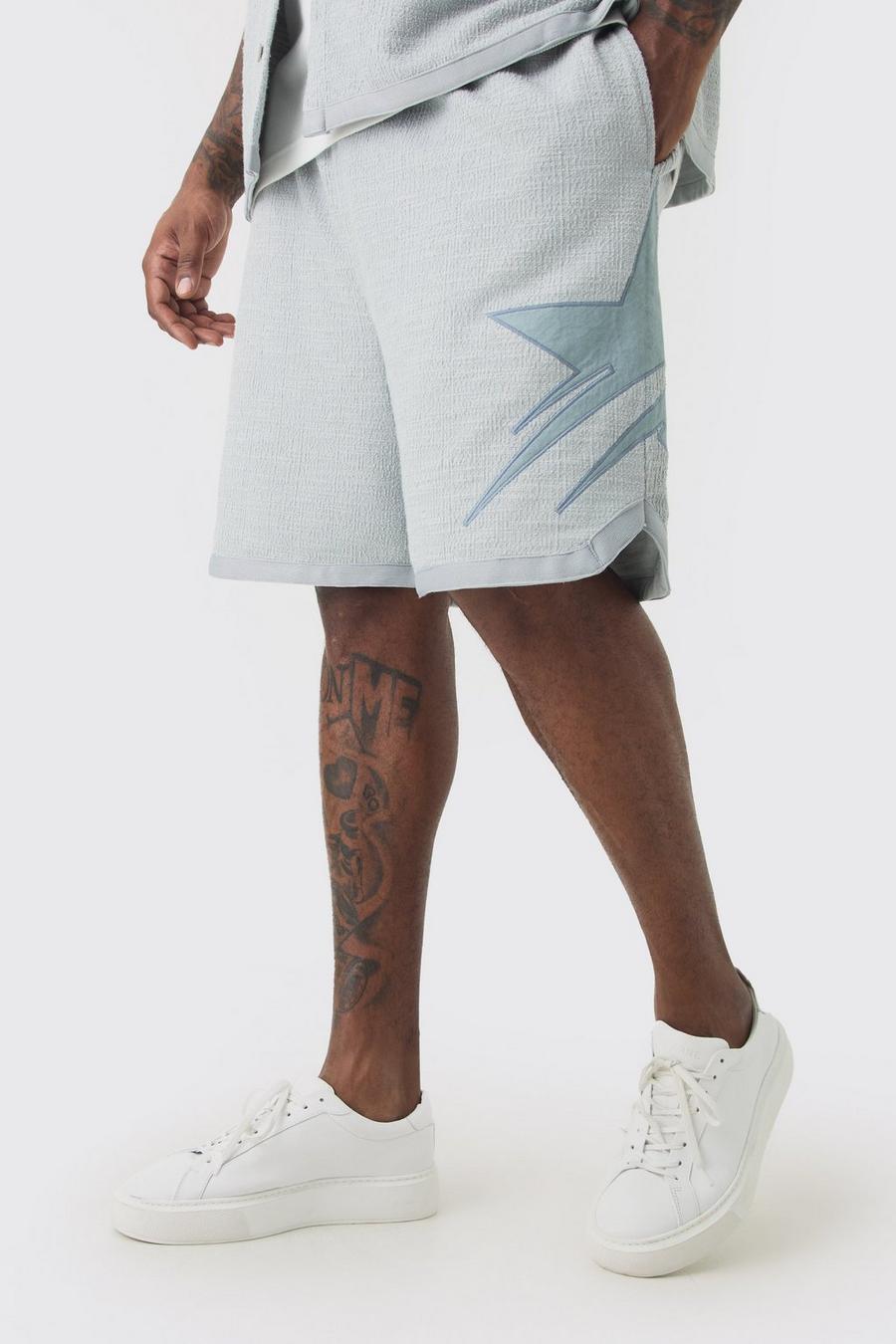 Grey Plus Textured Star Embroidered Mid Length Basketball Short