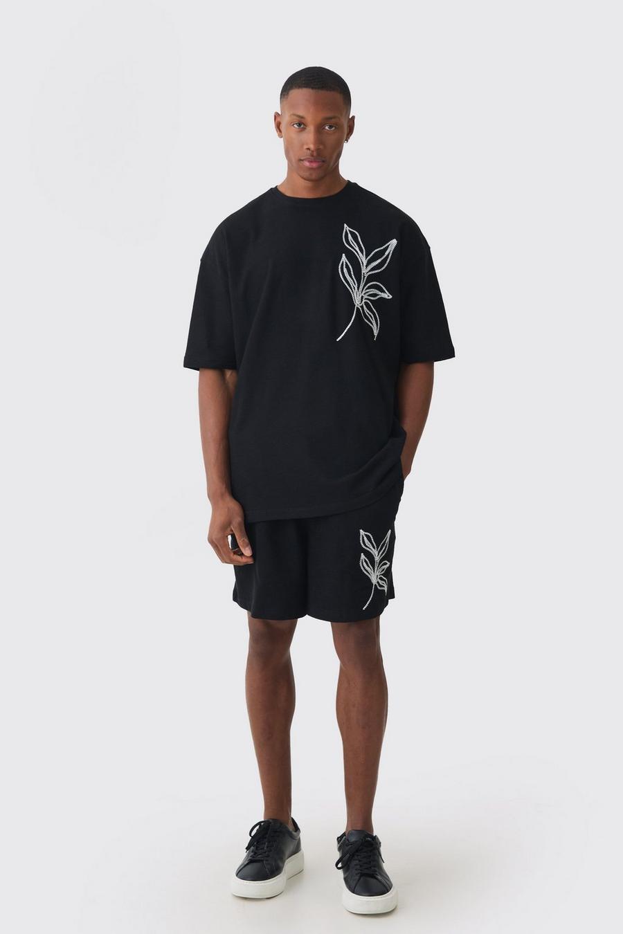 Black Oversized Floral Embroidered Slub T-shirt And Short Set image number 1