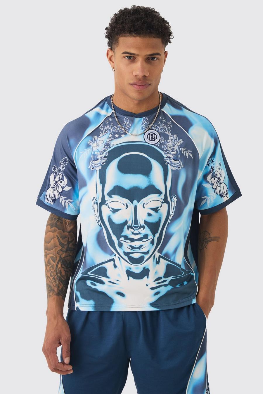 Blue Boxy Floral Embroidered Football T-shirt image number 1