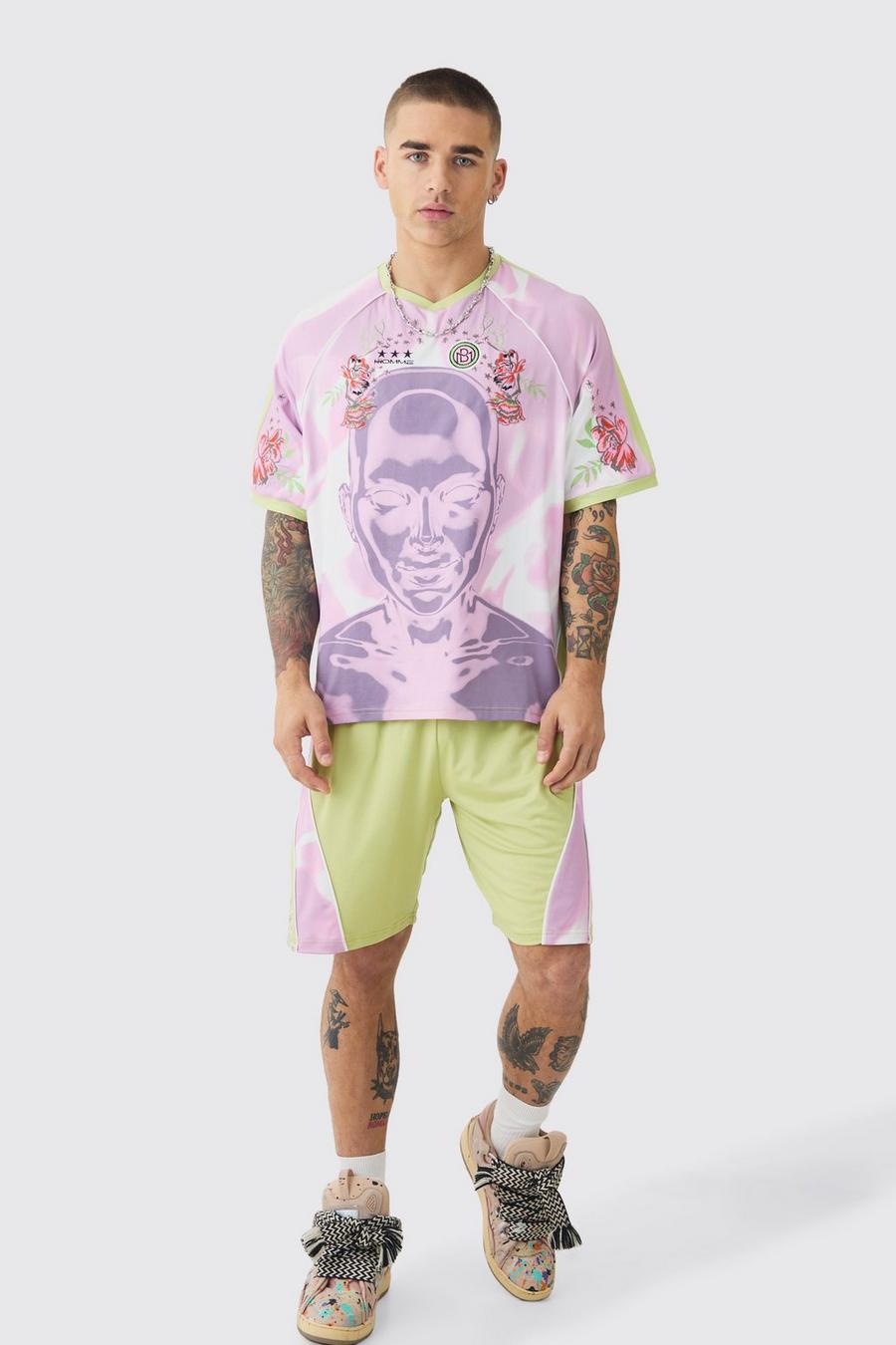 Pink Boxy Floral Embroidered Football T-shirt &  Short Set image number 1