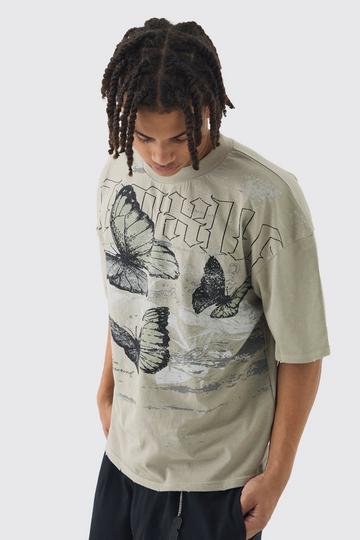 Oversized Boxy Butterfly Print Washed Raw Edge T-shirt stone