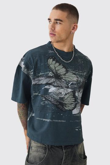 Oversized Boxy Butterfly Print Washed Raw Edge T-shirt grey