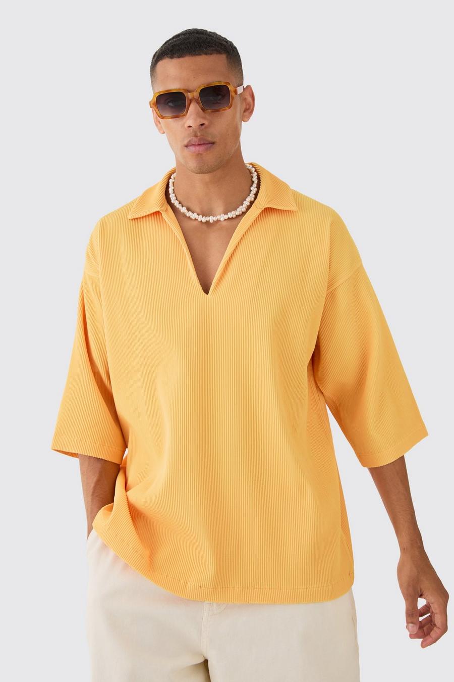 Yellow Pleated Oversized Boxy V Neck Shirt image number 1