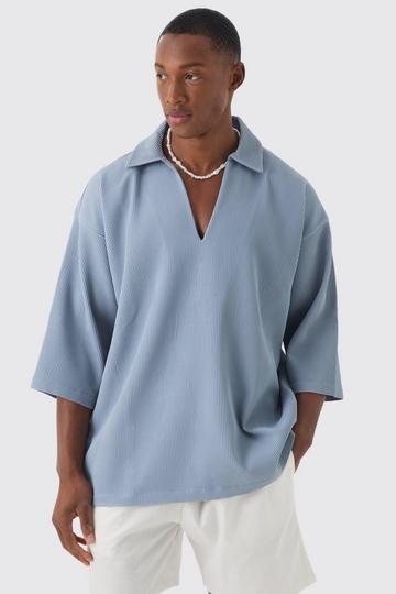 Pleated Oversized Boxy V Neck Shirt slate blue