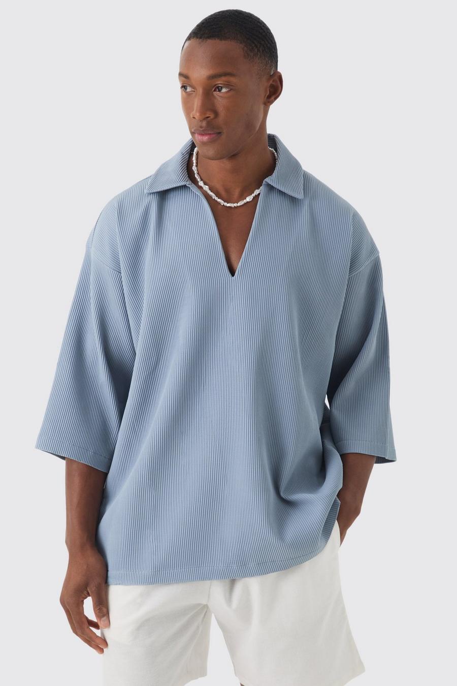 Slate blue Pleated Oversized Boxy V Neck Shirt 