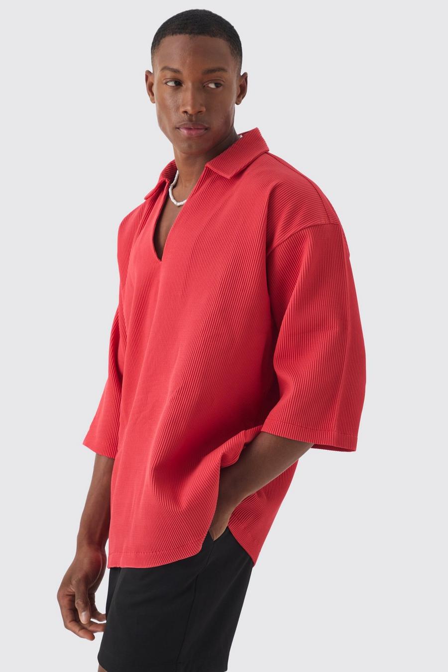 Red Pleated Oversized Boxy V Neck Shirt image number 1