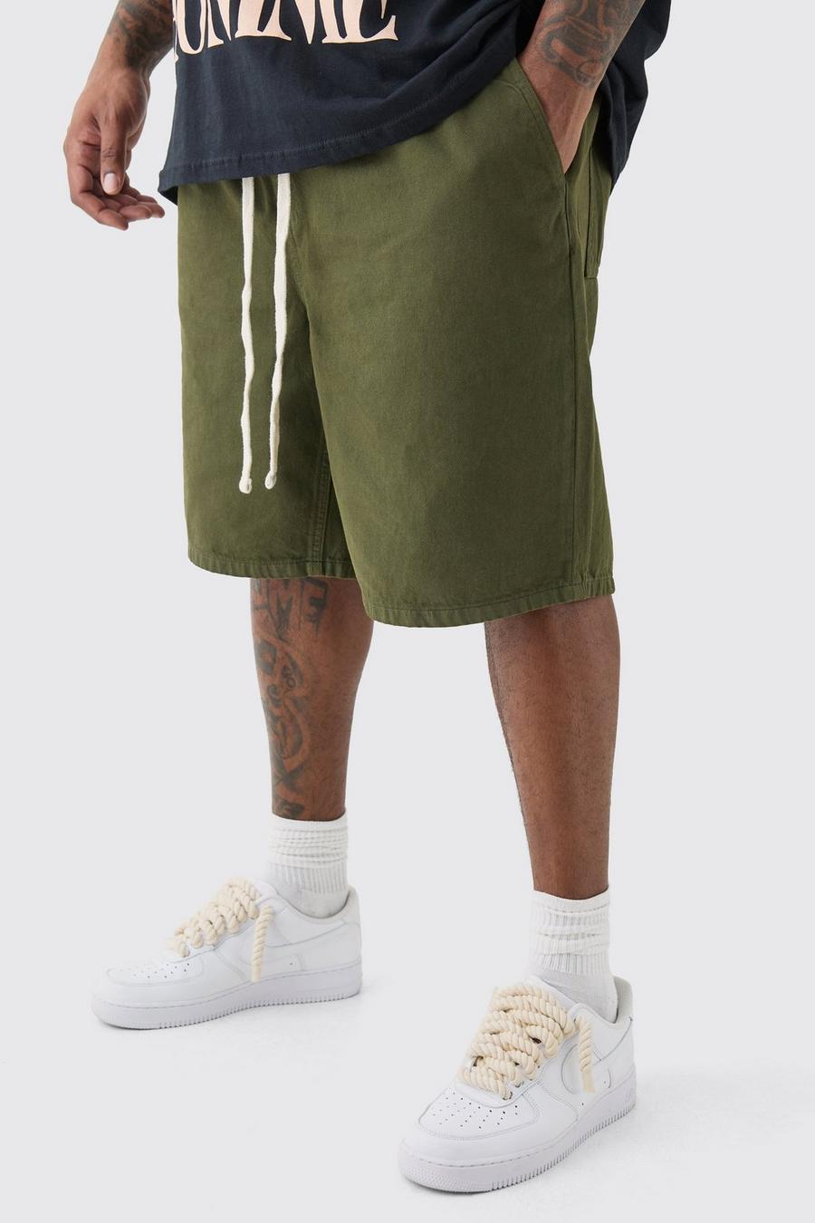 Plus Elastic Waist Drawcord Detail Slim Fit  Shorts In Khaki