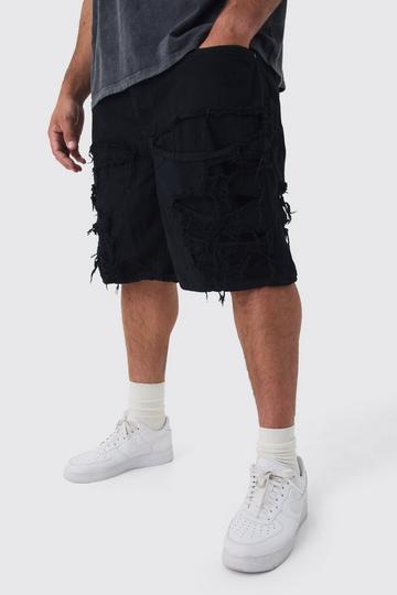 Black Plus Distressed Twill Overdyed Shorts In Washed Black