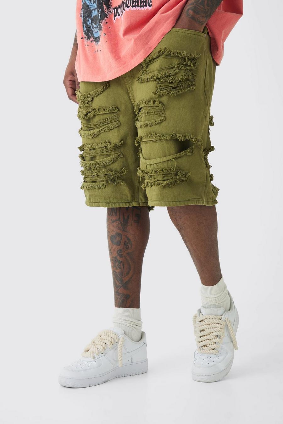 Plus Distressed Twill Overdyed Shorts In Khaki image number 1