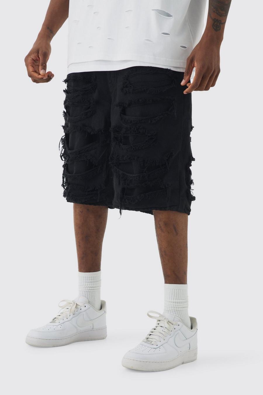 Tall Distressed Twill Overdyed Shorts In Washed Black