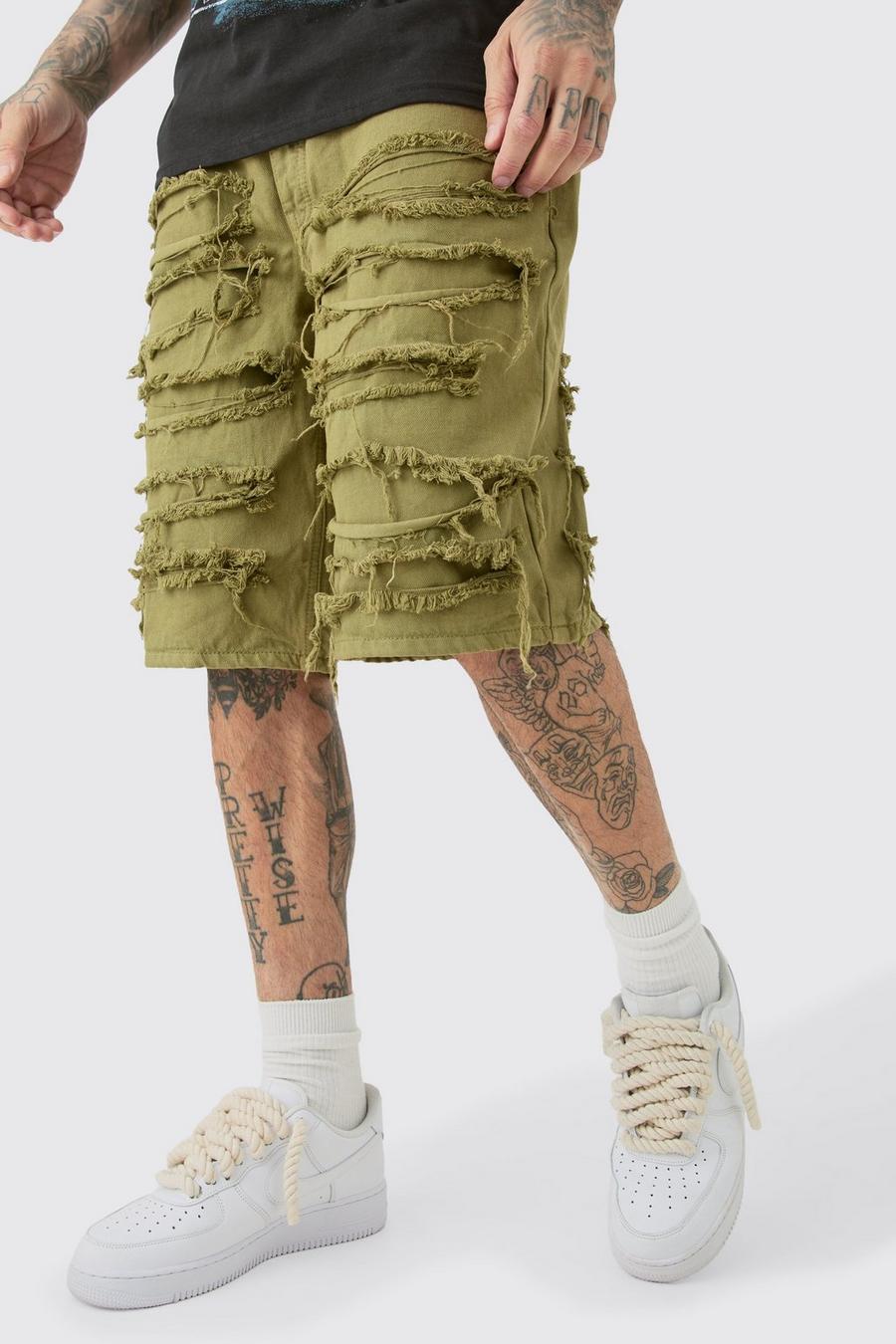 Tall Relaxed Distressed Twill Over dye Shorts In Khaki