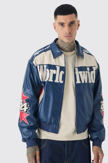 Blue Tall Boxy Worldwide Collared PU Bomber Jacket In Blue