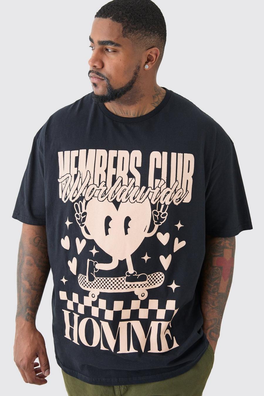 Plus schwarzes T-Shirt mit Members Club Worldwide Print, Black