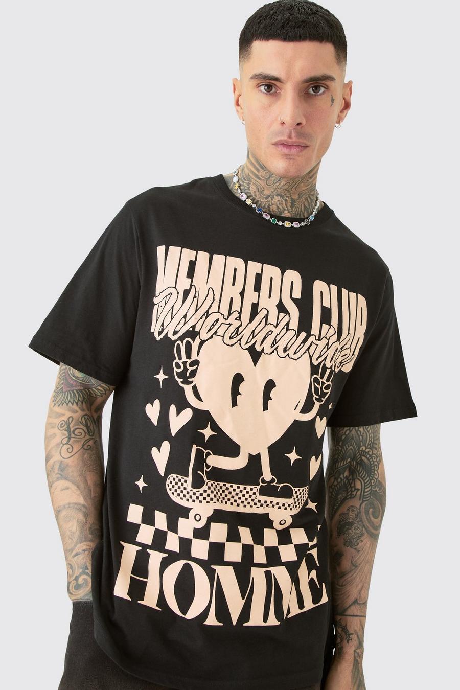 Tall schwarzes T-Shirt mit Members Club Worldwide Print, Black