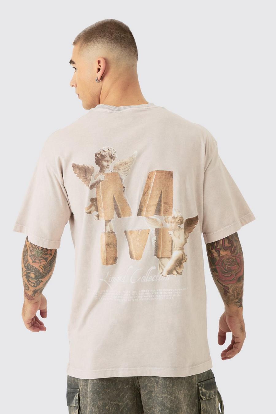 Stone Acid Wash Gebleekt M Cherub T-Shirt Met Print