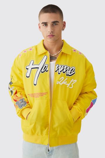 Yellow Oversized Multi Badge Nylon Varsity Bomber Jacket In Yellow