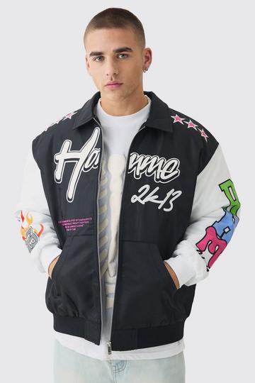 Oversized Multi Badge Nylon Varsity Bomber Jacket In Black black