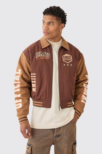 Brown Boxy Collared Twill Varsity Bomber Jacket In Brown