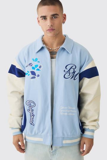 Oversized Floral Badge Collared Varsity Jacket In Light Blue light blue