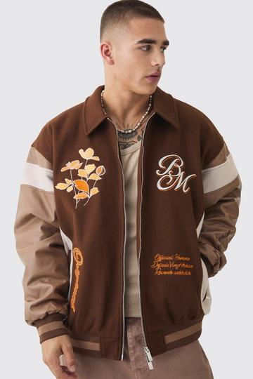 Brown Oversized Floral Badge Collared Varsity Jacket In Brown