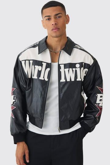 Boxy Worldwide Collared PU Bomber Jacket In Black black