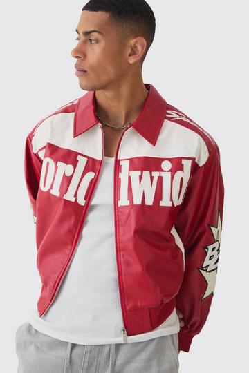 Red Boxy Worldwide Collared PU Bomber Jacket In Red