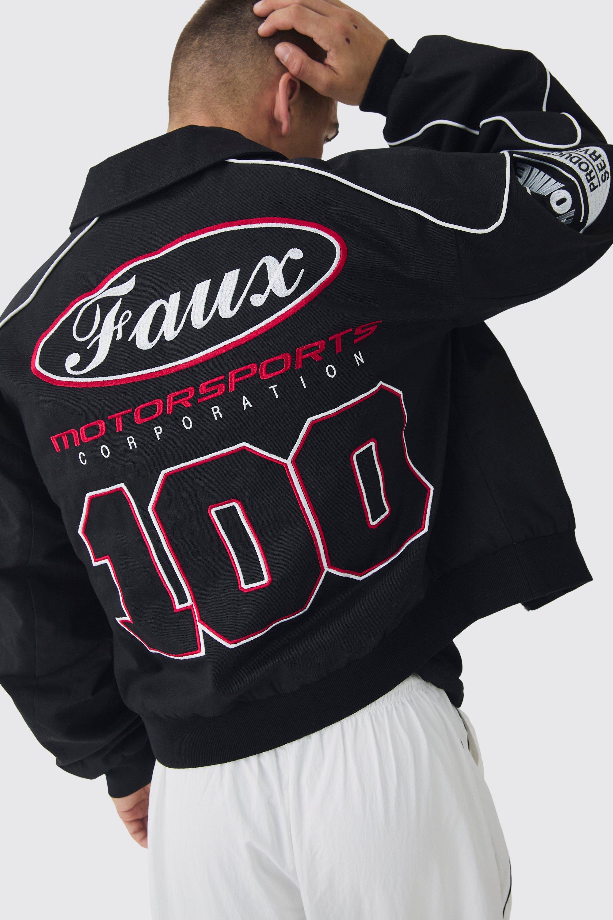 Boxy Badge Twill Moto Jacket In Black | boohoo USA