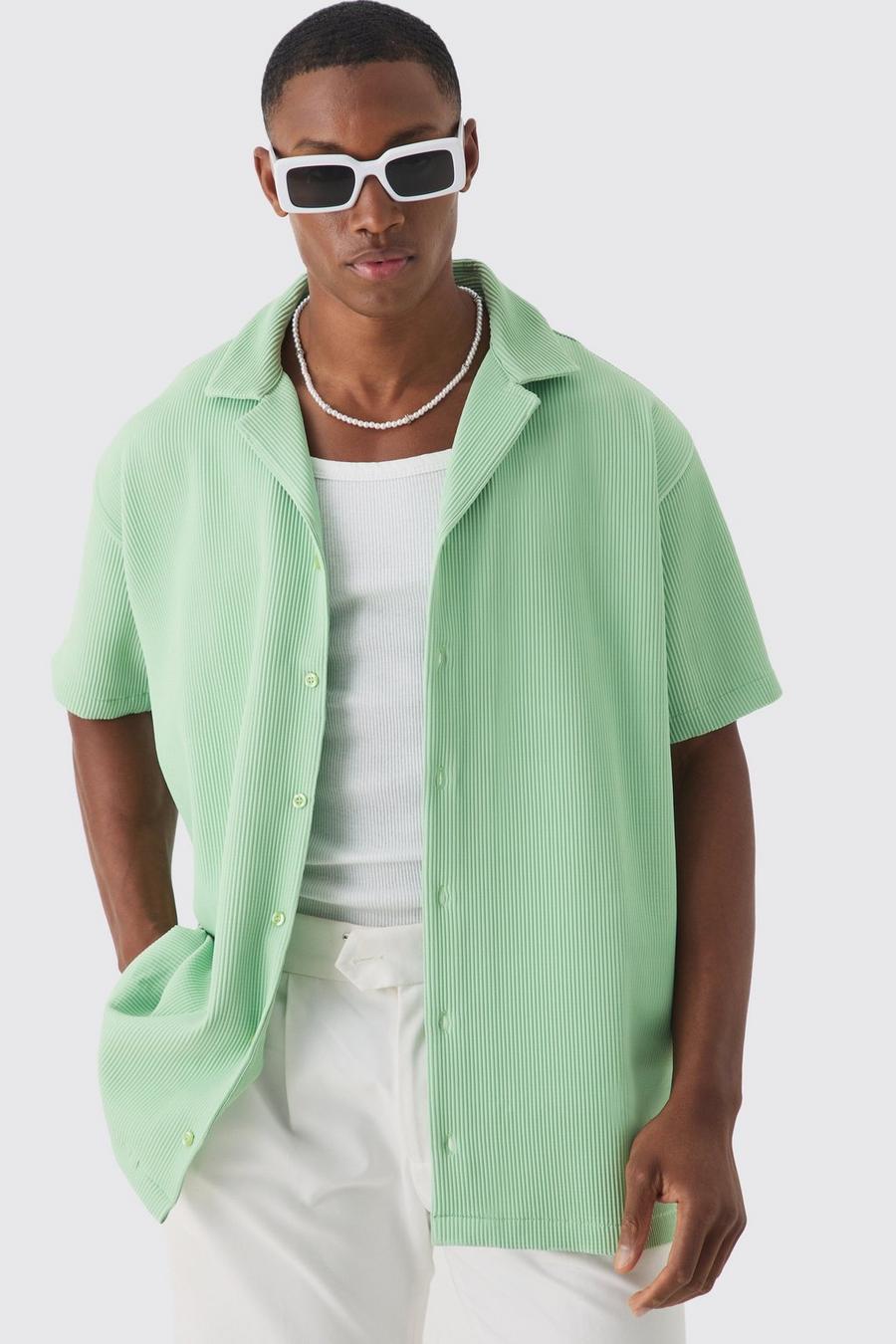 Lime Short Sleeve Revere Oversized Pleated Shirt
