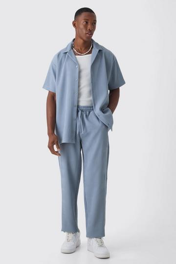 Oversized Short Sleeve Pleated Shirt & Straight Pants Set slate blue